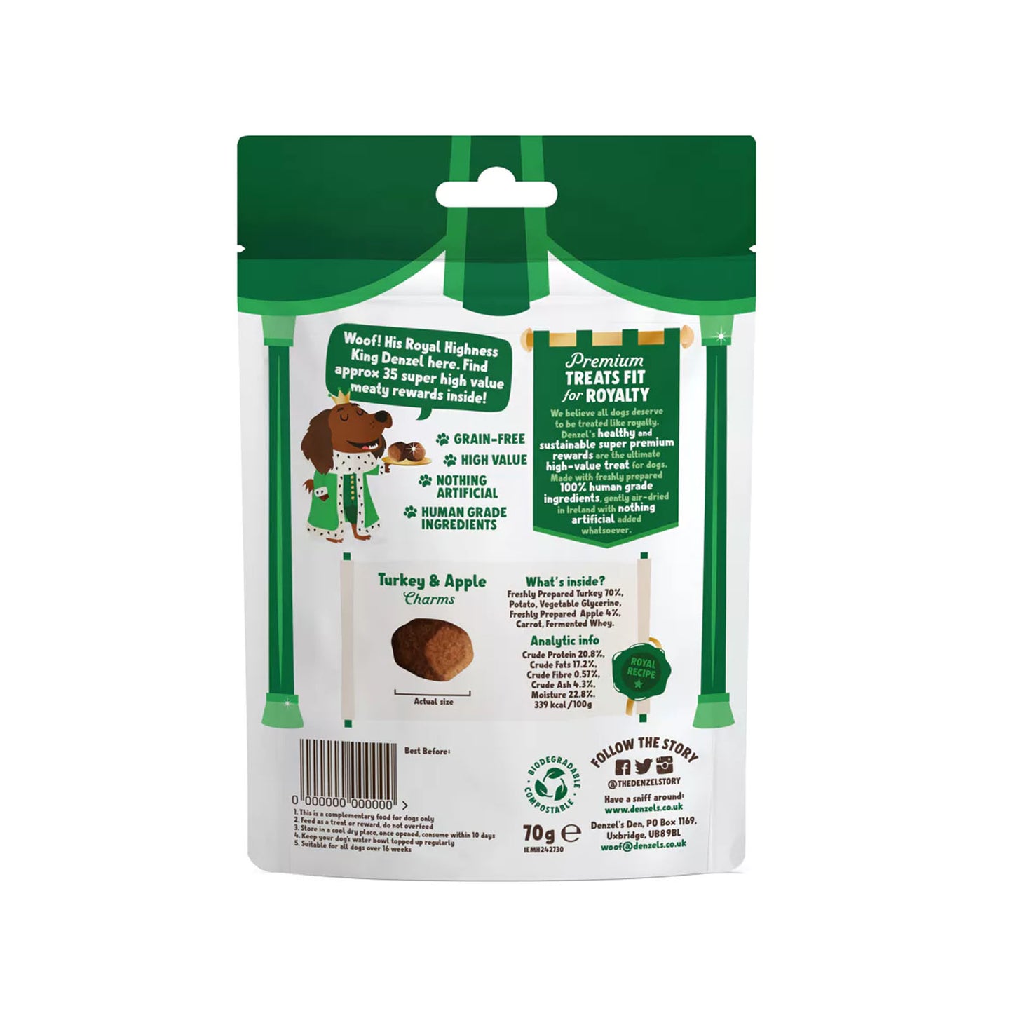 Denzel's Rewards: Turkey & Apple Charms Dog Treats 70g