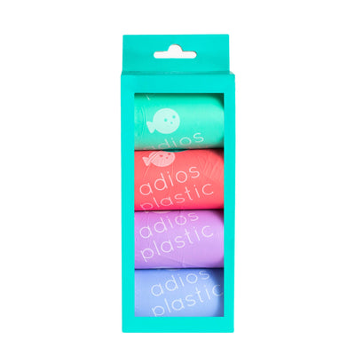 Adios Plastic Compostable Dog Poo Bags - 4 Rolls in Rainbow (60 Bags)