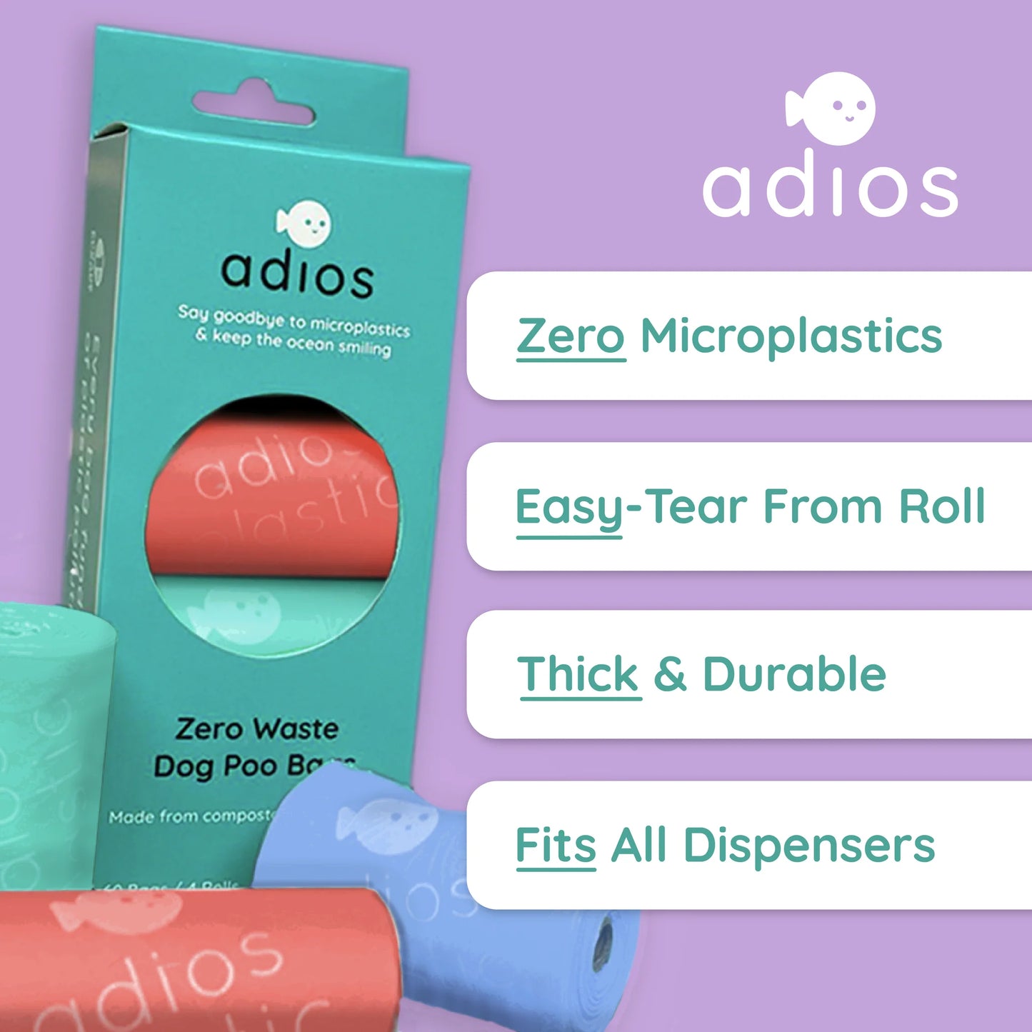 Adios Plastic Compostable Dog Poo Bags - 4 Rolls in Grey (60 Bags)