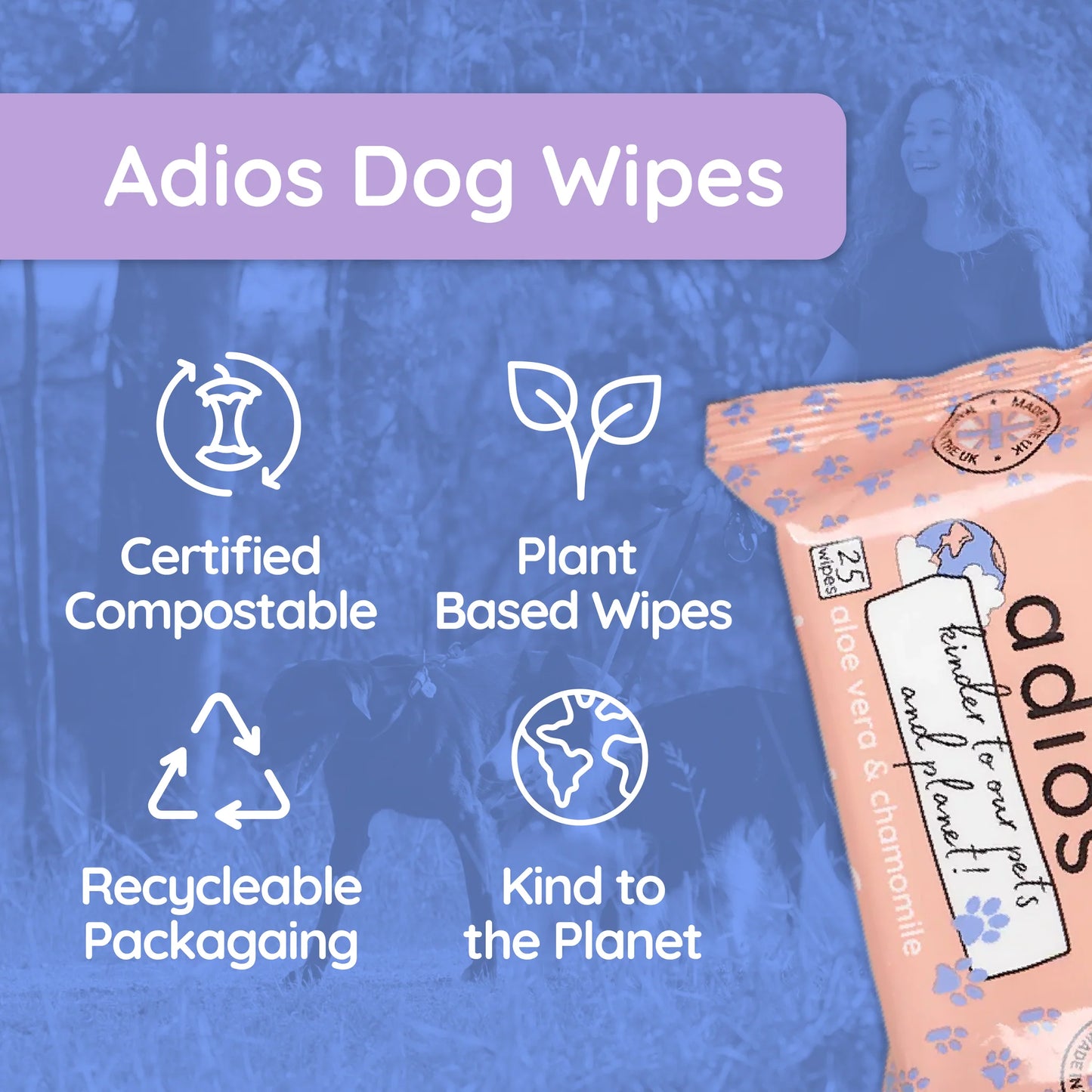Adios Plastic Compostable Pet Wipes (25 wipes) - Dog Grooming Wipes | Dog Walking Wipes